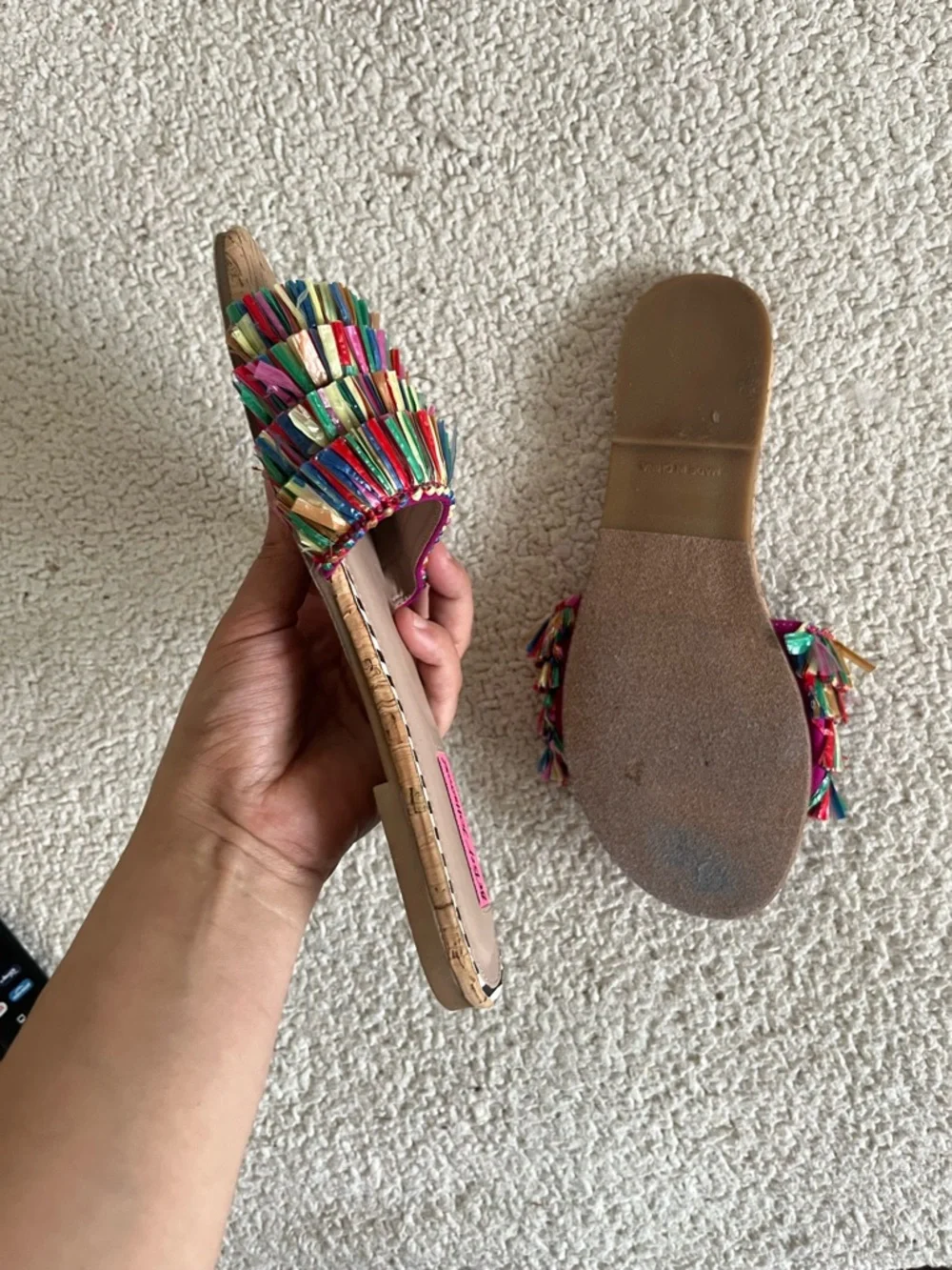 Betsey Johnson Rainbow Tassel summer vacation Cork Slide Sandals size 8 - Picture 3 of 9